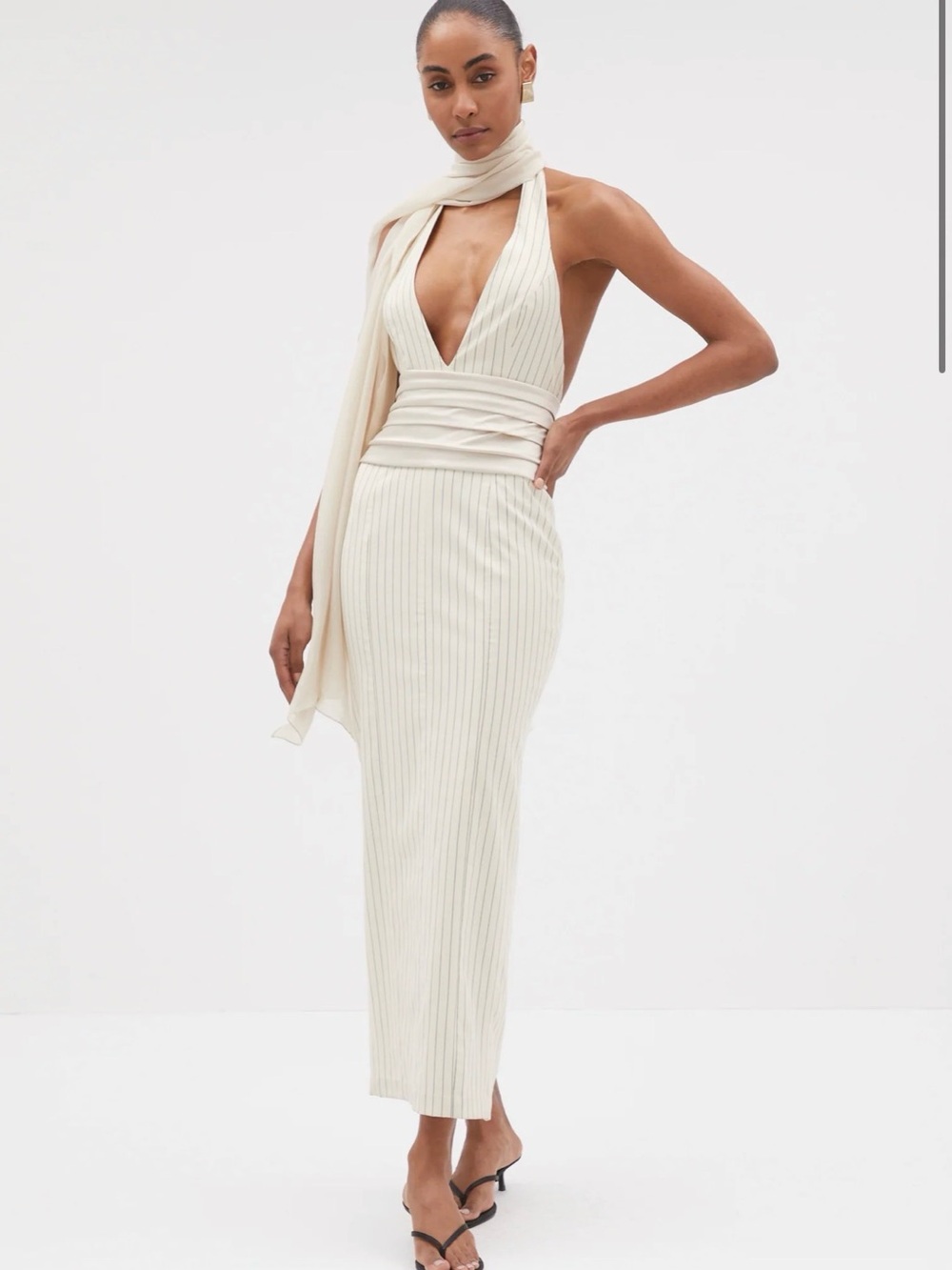 Cream Halter Ribbed Maxi Dress with Waist Wrap